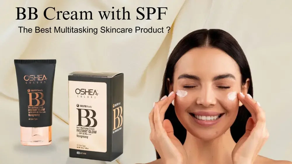 Woman applying BB cream with SPF to her face, BB cream tube and box displayed, skincare concept