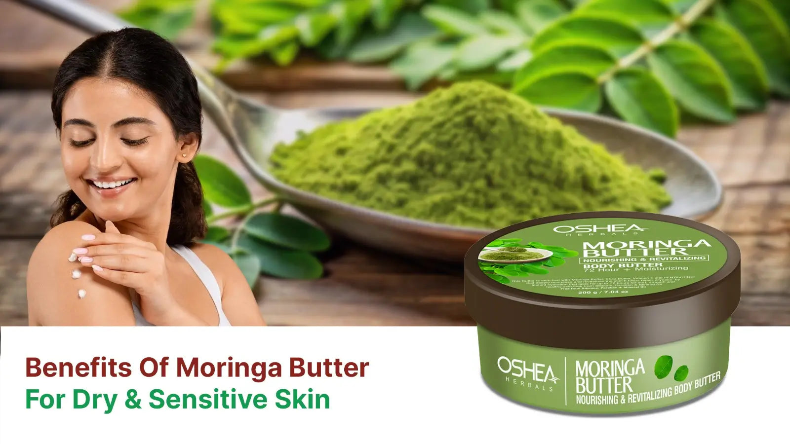 Woman applying moringa butter body moisturizer with moringa powder and body butter tub