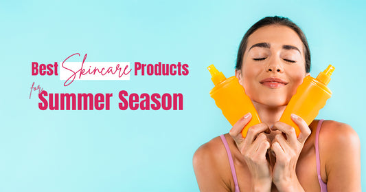Woman with sunscreen against a vibrant blue backdrop and text written as Best Skincare Products For Summer Season