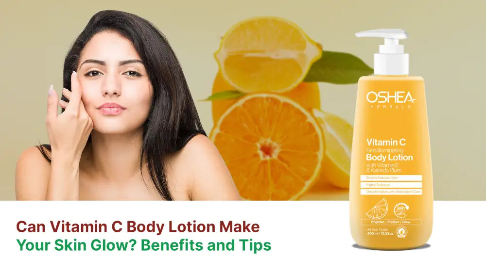 Woman touching face with Oshea Vitamin C body lotion bottle, sliced oranges in background