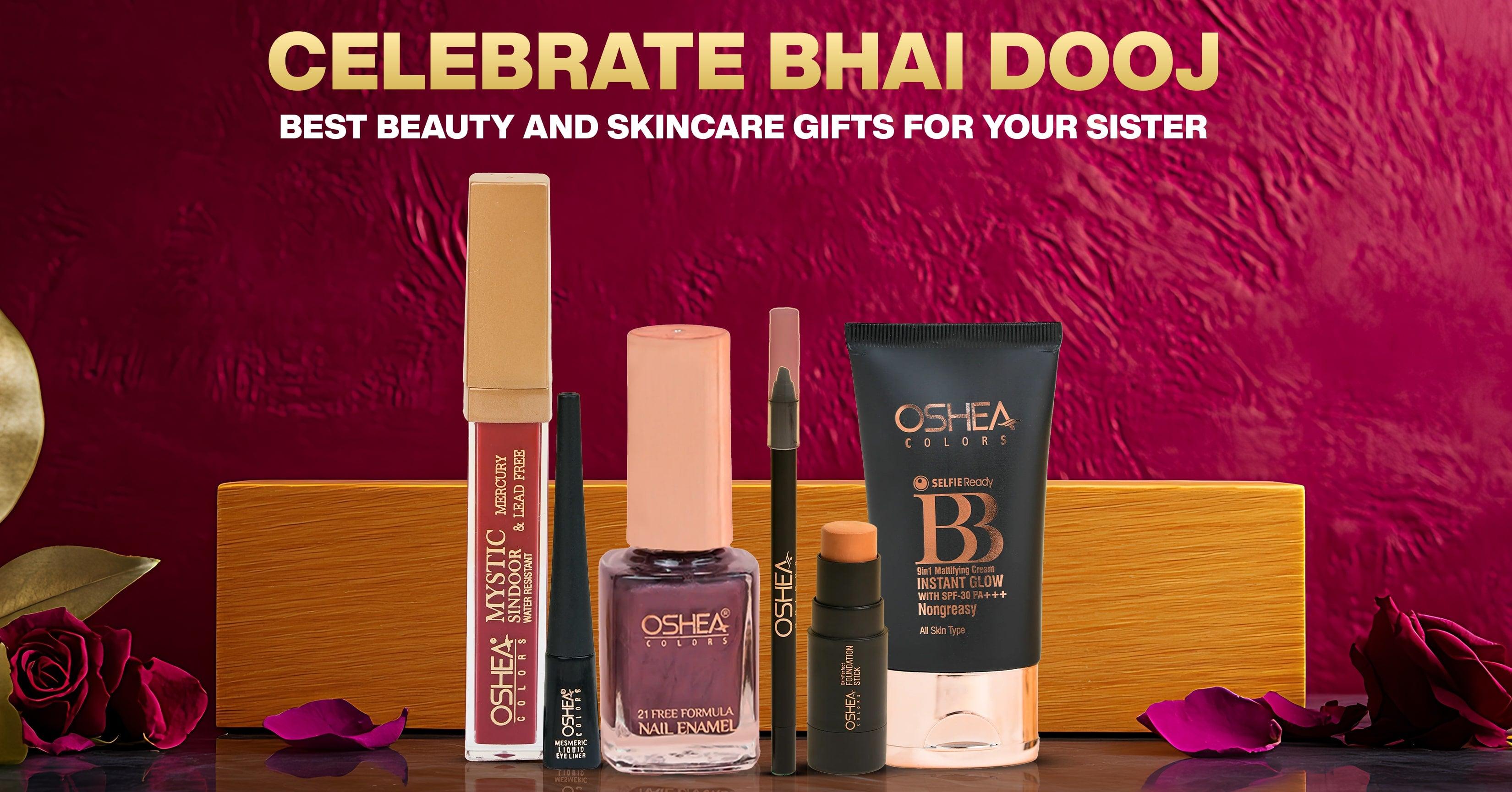 Bhai Dooj beauty and skincare gift set with lipstick, nail enamel, BB cream, eyeliner, and roses