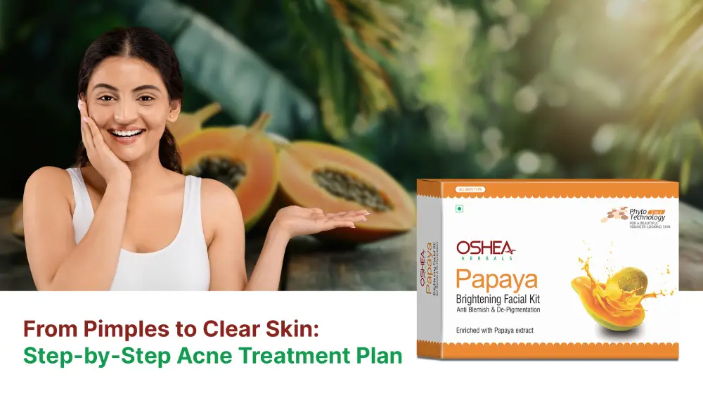 Smiling woman with clear skin, sliced papaya, and papaya brightening facial kit box for acne treatment.