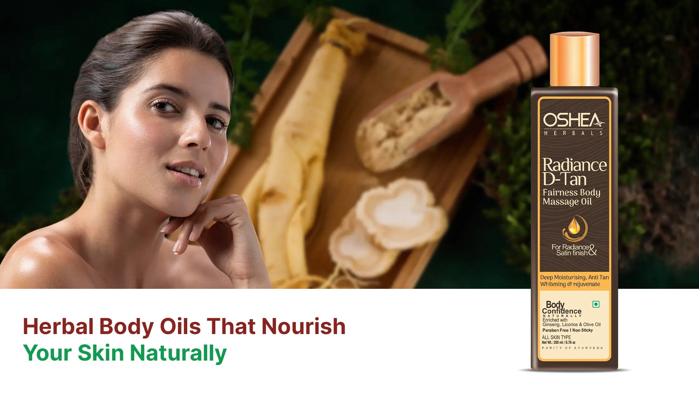 Herbal body massage oil bottle, fresh ginseng, and a woman with glowing skin.