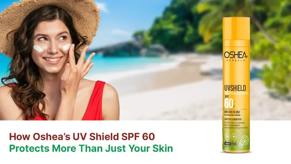 Woman applying sunscreen on face at beach with SPF 60 UV Shield sunscreen bottle shown