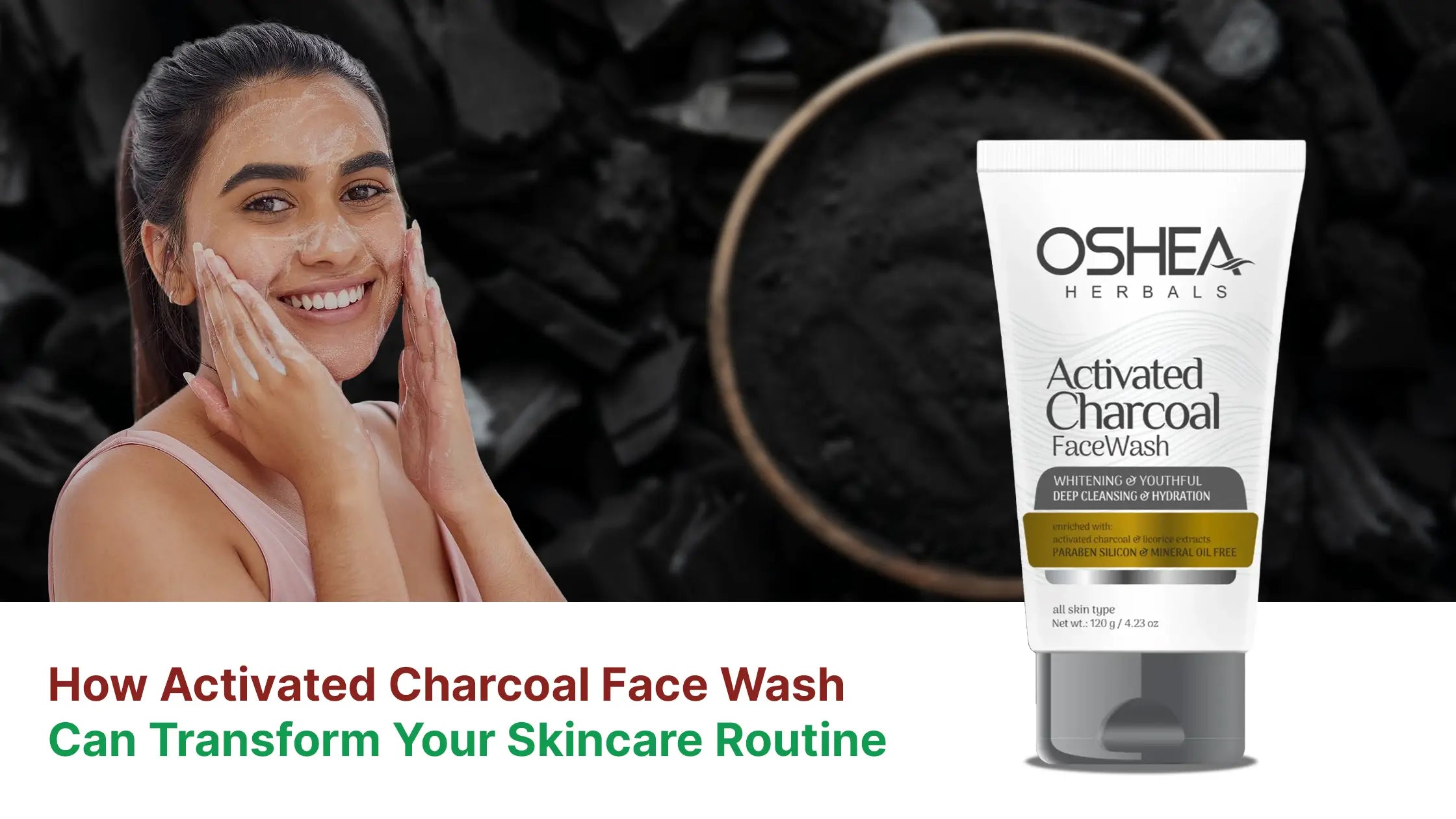 Woman cleansing face with activated charcoal face wash, product tube visible, charcoal background