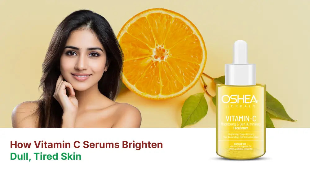 Woman with glowing skin, sliced orange, and vitamin C face serum bottle for brightening skincare