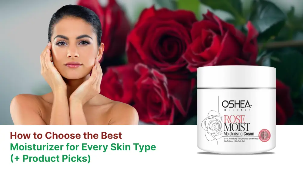 Woman with glowing skin and rose background beside moisturizer cream, skincare product for all skin types