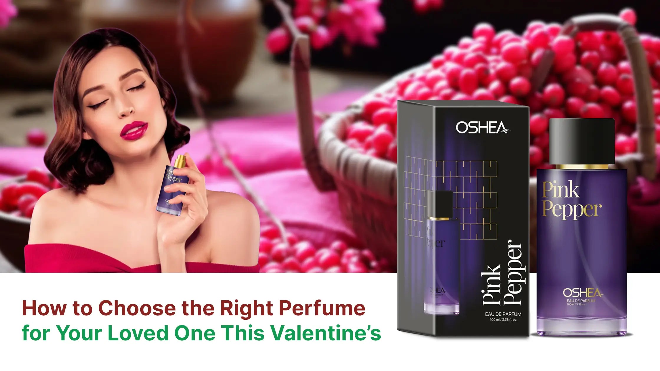 Woman holding Pink Pepper perfume bottle with gift box, romantic berries background, Valentine's Day.