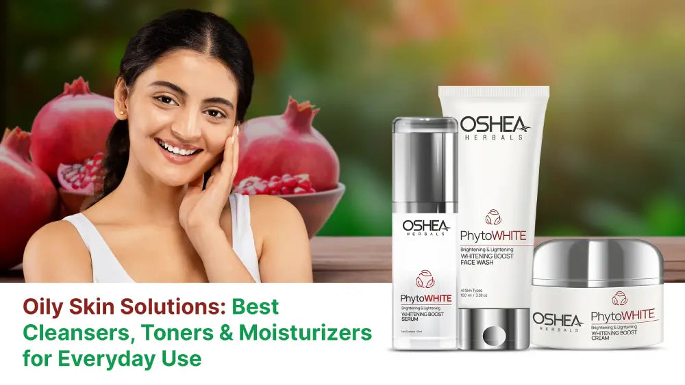 Smiling woman with clear skin, pomegranates, and Oshea Herbals PhytoWHITE face wash, serum, cream for oily skin care