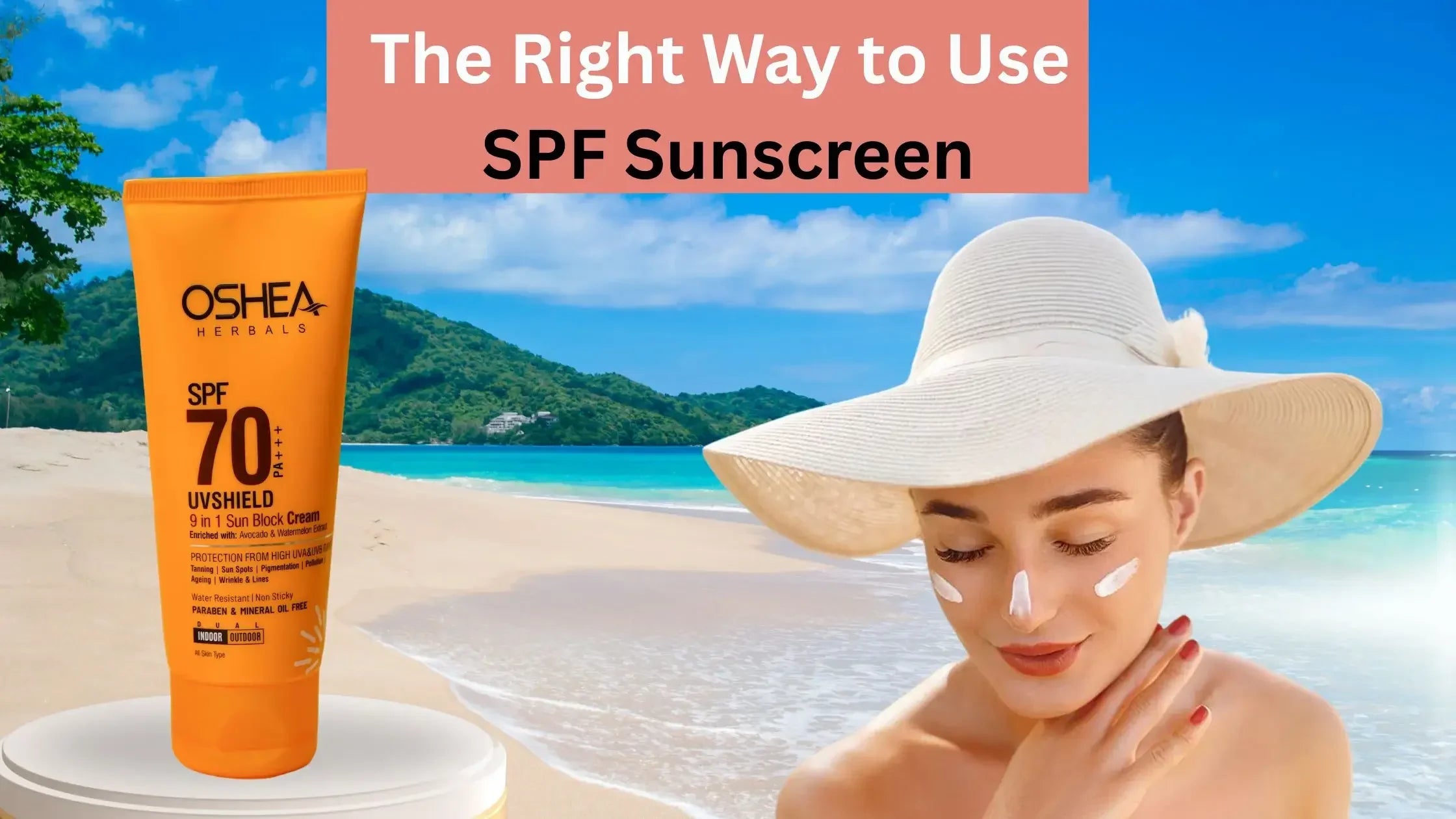 SPF 70 sunscreen tube on a tropical beach with a woman in a sunhat applying sunblock.