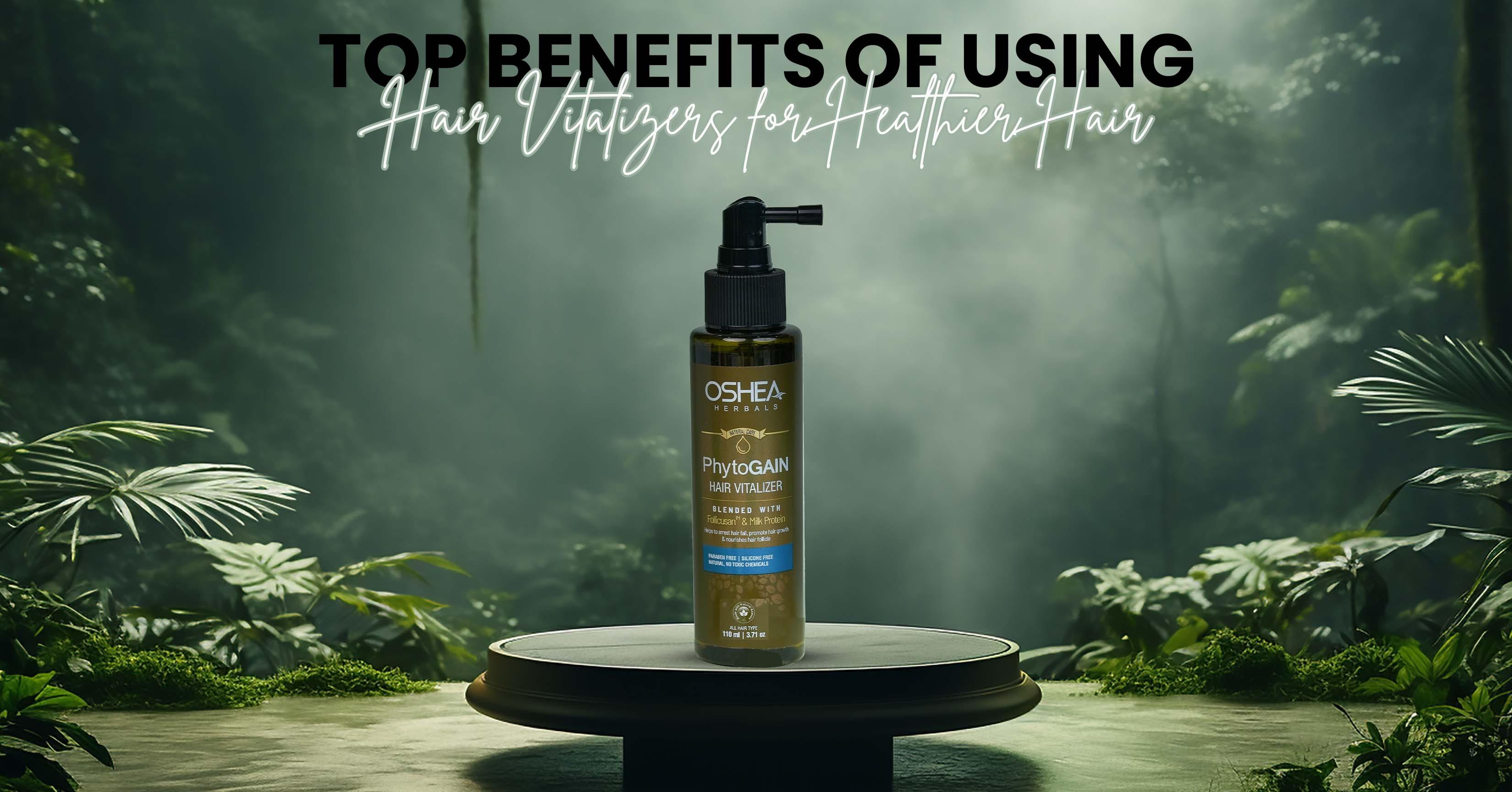 Herbal hair vitalizer bottle on a pedestal in a lush green natural setting with mist.