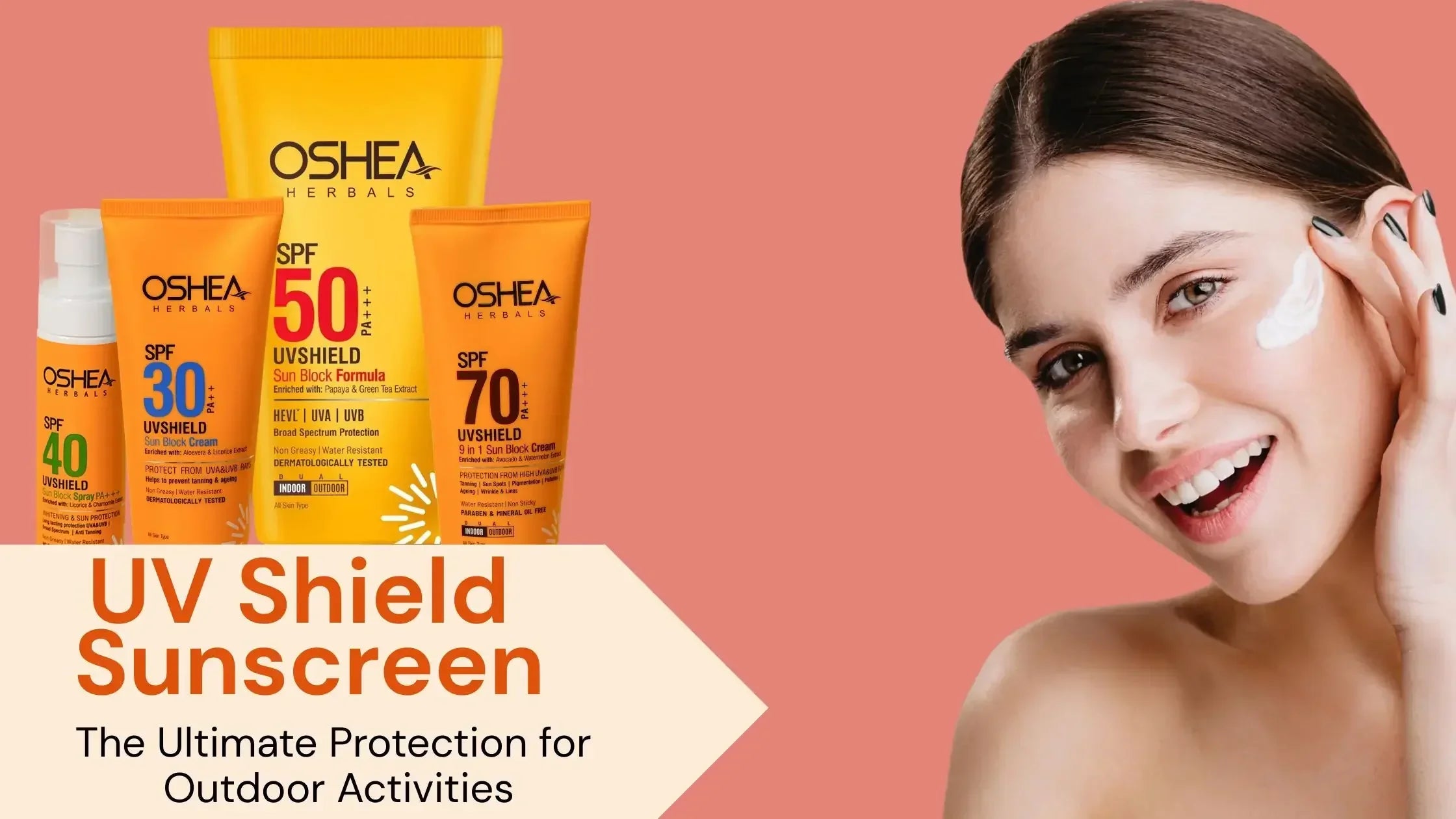 Woman applying sunscreen with various SPF UV shield sunscreen products on pink background