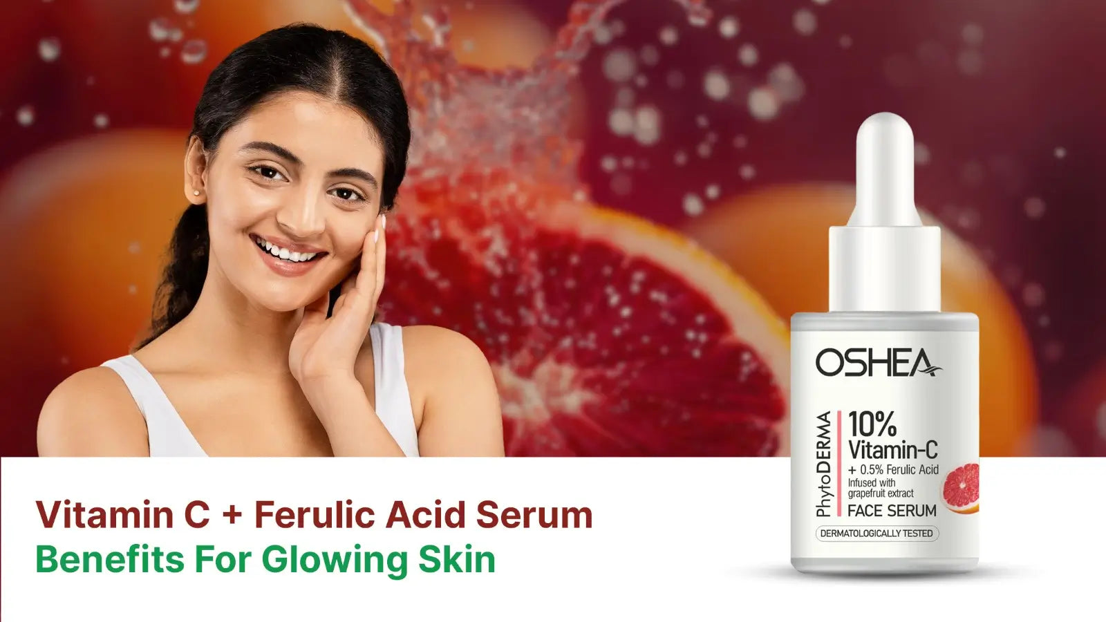 Smiling woman touching face next to Vitamin C Ferulic Acid serum bottle for glowing skin.