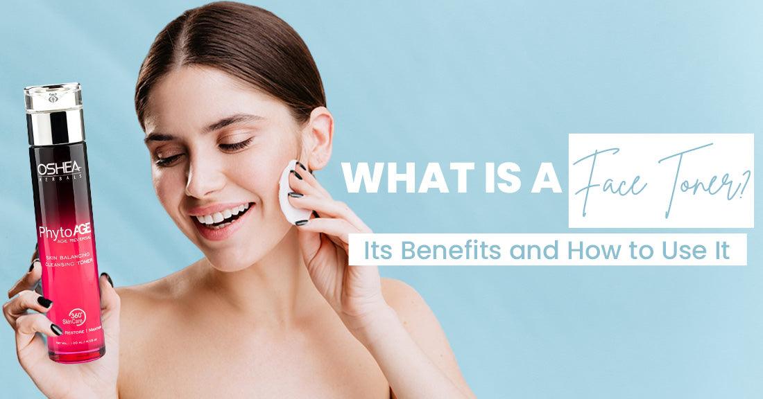 Woman using Oshea Herbals PhytoAGE face toner for skincare, highlighting benefits and proper usage of facial toner