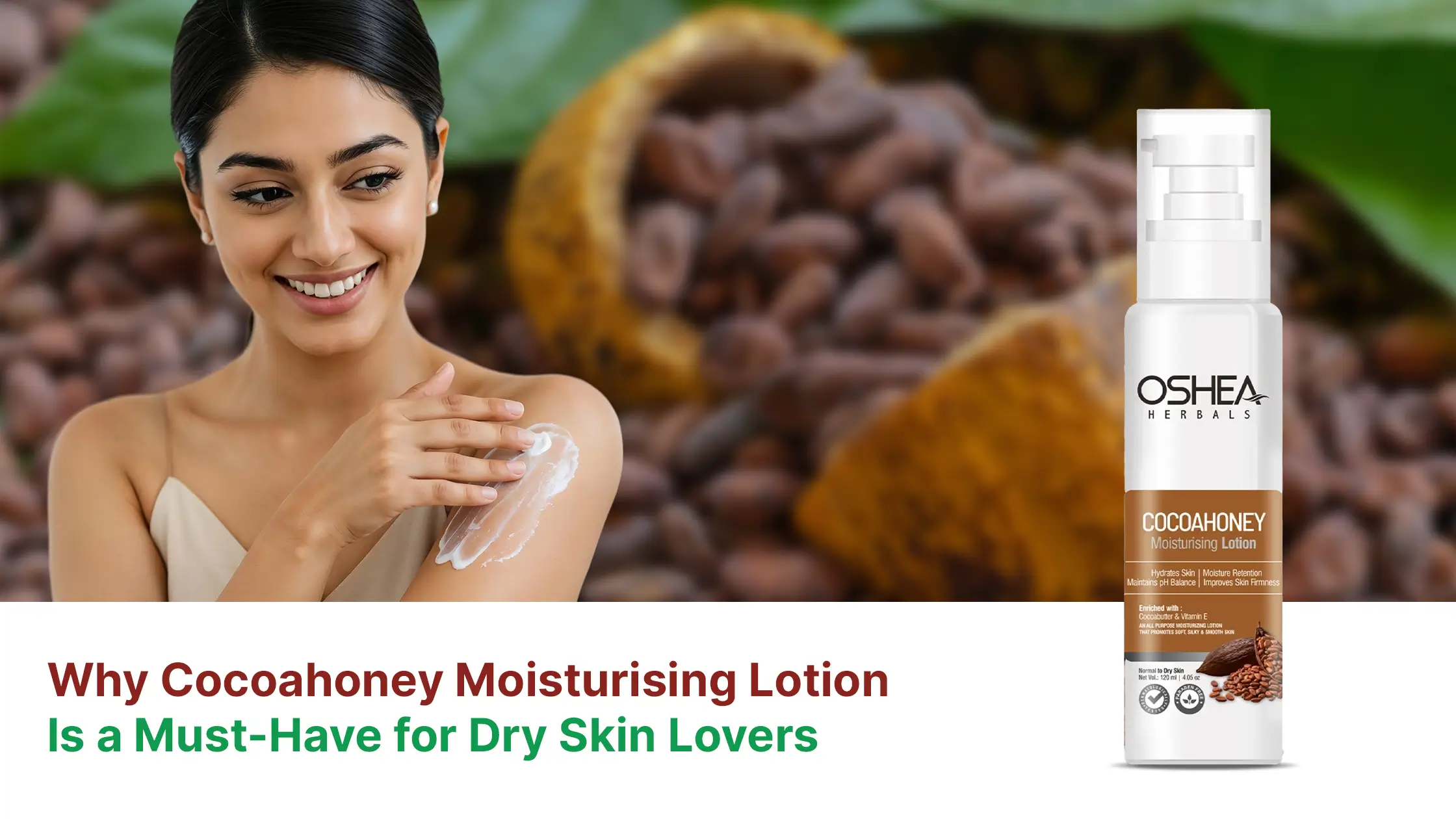 Woman applying moisturiser with cocoa and honey, bottle of moisturising lotion, cocoa beans background