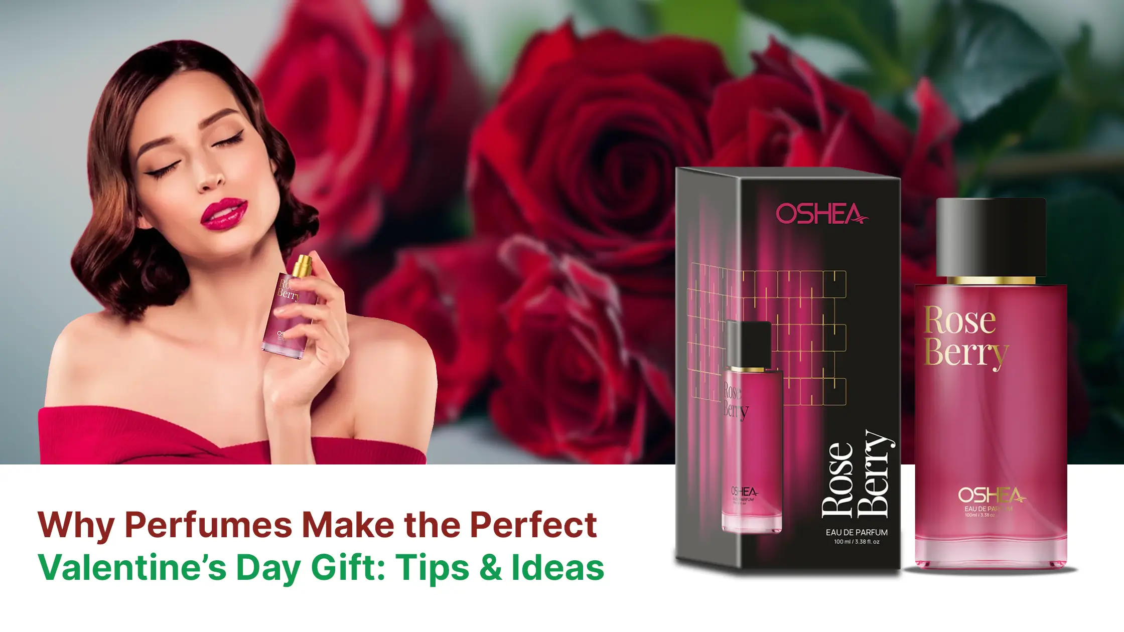 Woman in red holding perfume bottle with red roses and Rose Berry perfume packaging, Valentine's Day gift concept.