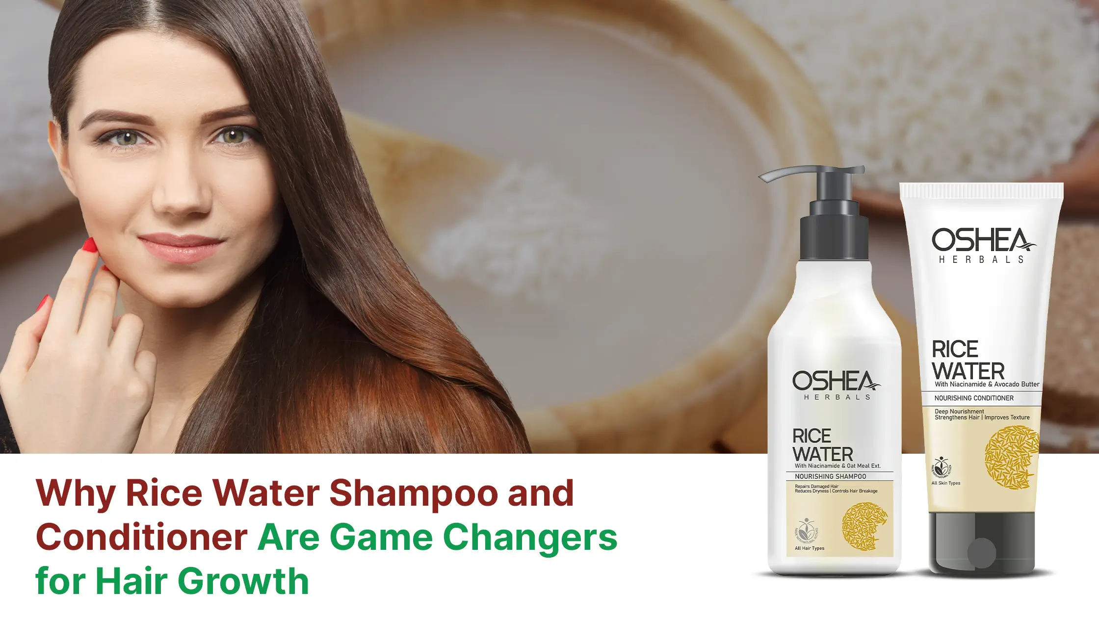Rice water shampoo and conditioner bottles with woman showing smooth, healthy hair