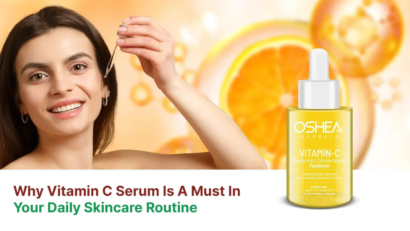 Woman applying Vitamin C serum with dropper, bottle and orange slices in background, skincare concept