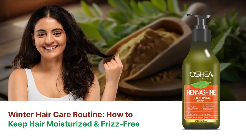 Smiling woman with healthy hair, HENNSHINE conditioning shampoo bottle, herbal hair care