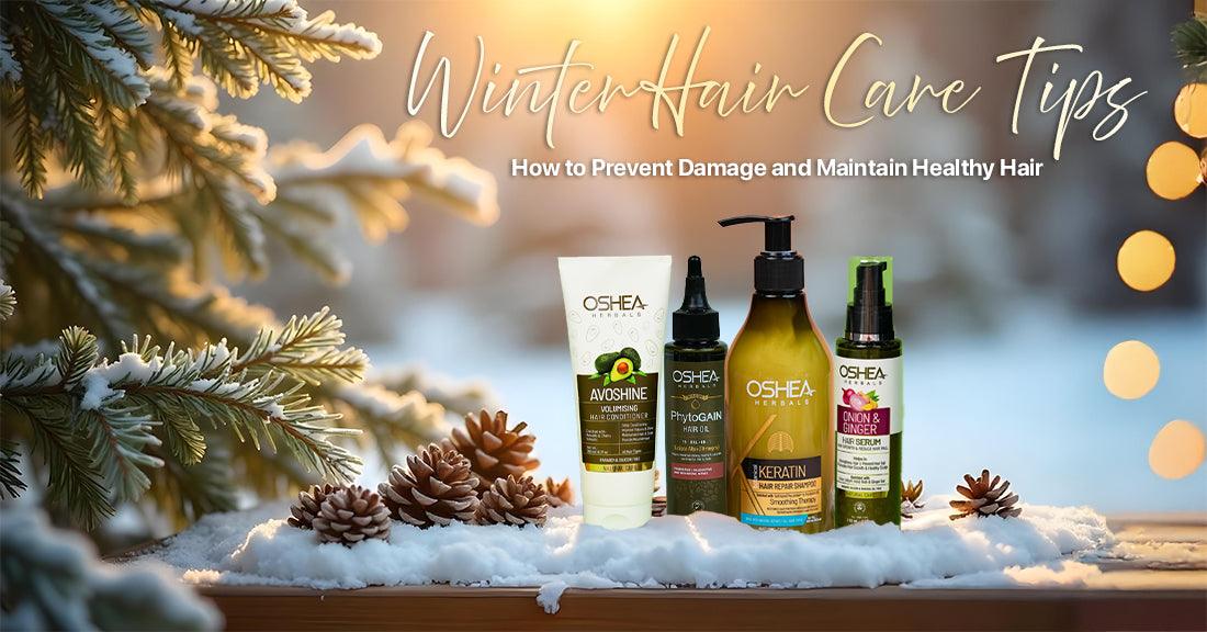 Winter-themed image featuring Oshea Herbals hair care products with tips to prevent damage and maintain healthy hair in winter.