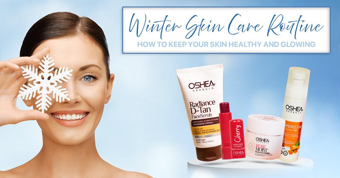 Woman with a snowflake and Oshea Herbals winter skincare products: D-Tan Scrub, Lip Balm, Rose Moist, and Cleansing Milk