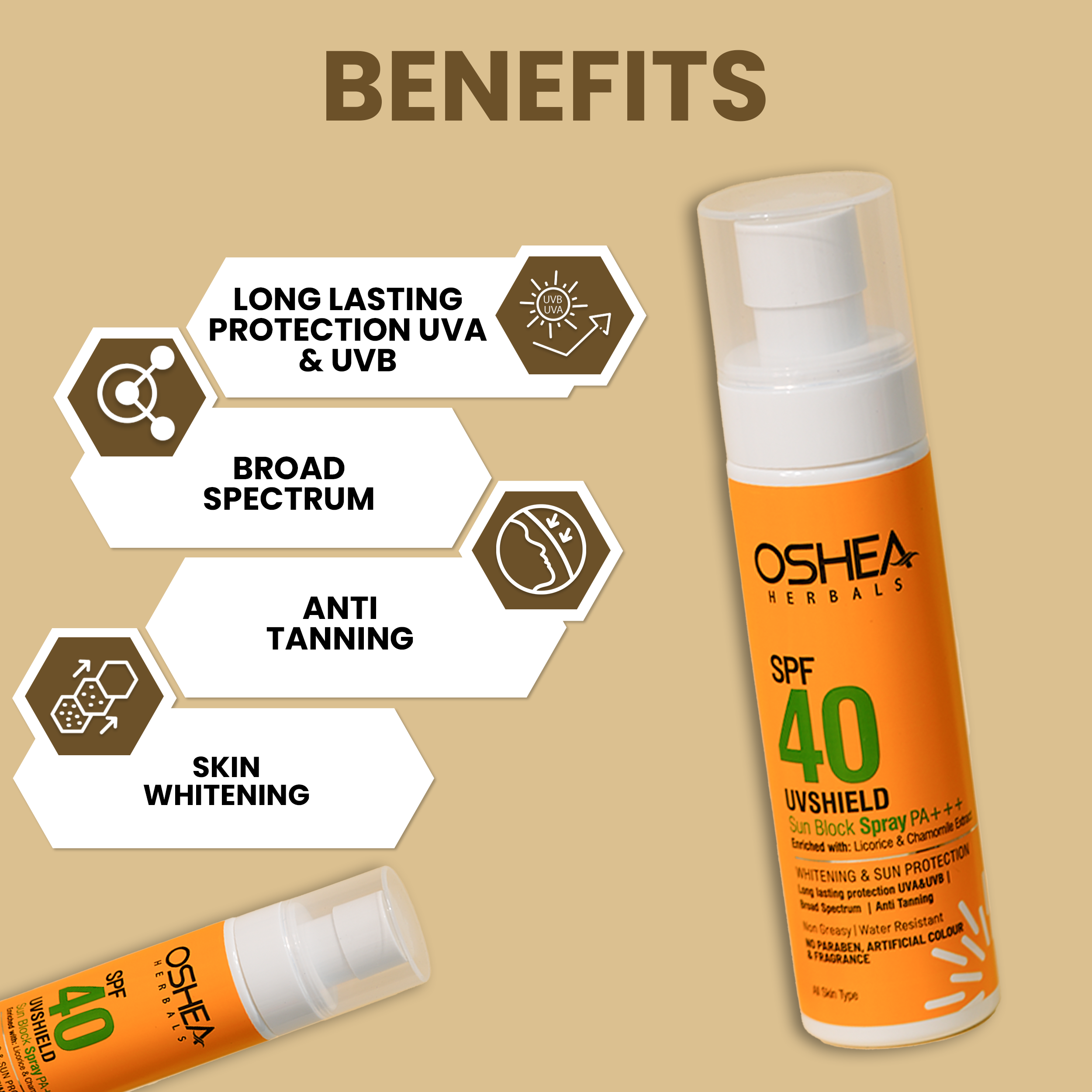 Benefits UvShield Sun Block Spray SPF 40 PA Oshea Herbals