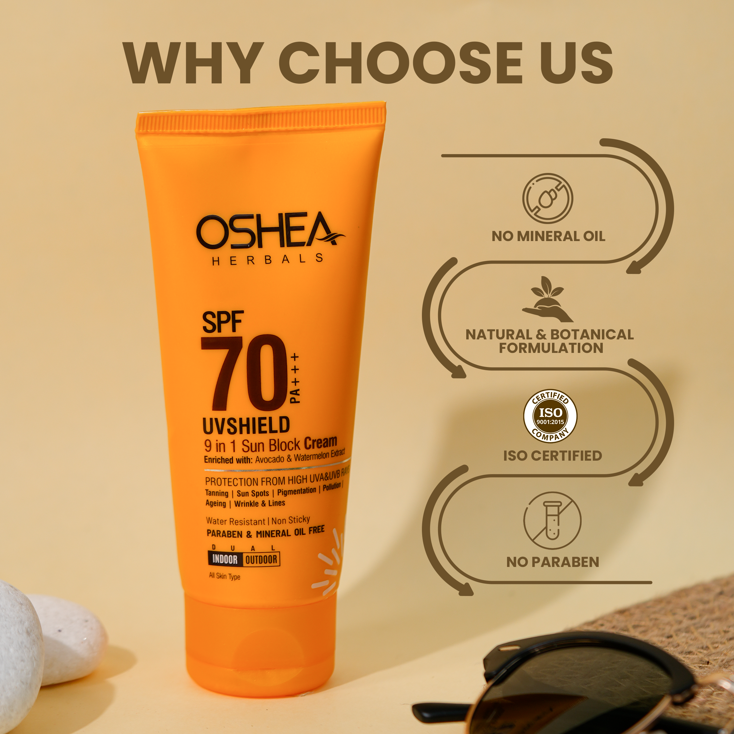 Why choose us Uv Shield 9In1 Sun Block Cream SPF-70PA_Oshea Herbals