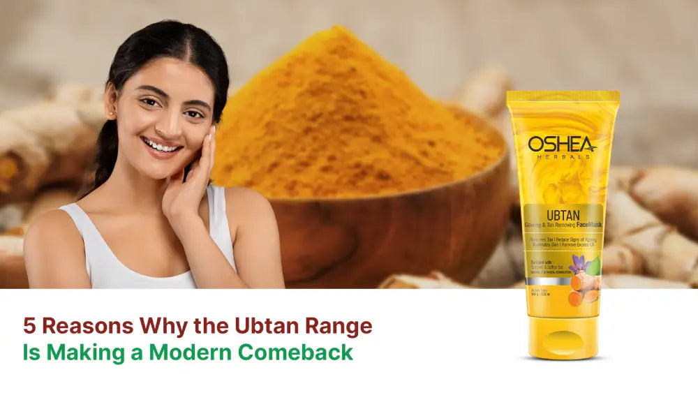 Smiling woman with glowing skin beside Oshea Ubtan face mask tube and turmeric bowl