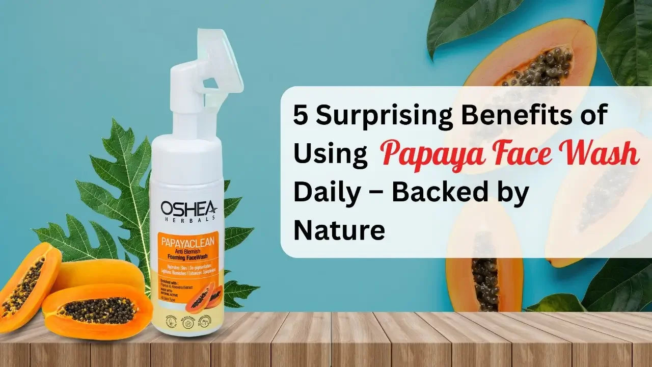 Papaya face wash bottle with papaya slices, leaves, and skincare benefits text on blue background