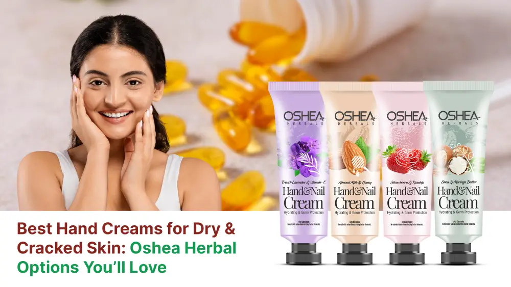 Smiling woman with glowing skin beside tubes of herbal hand and nail cream for dry, cracked hands