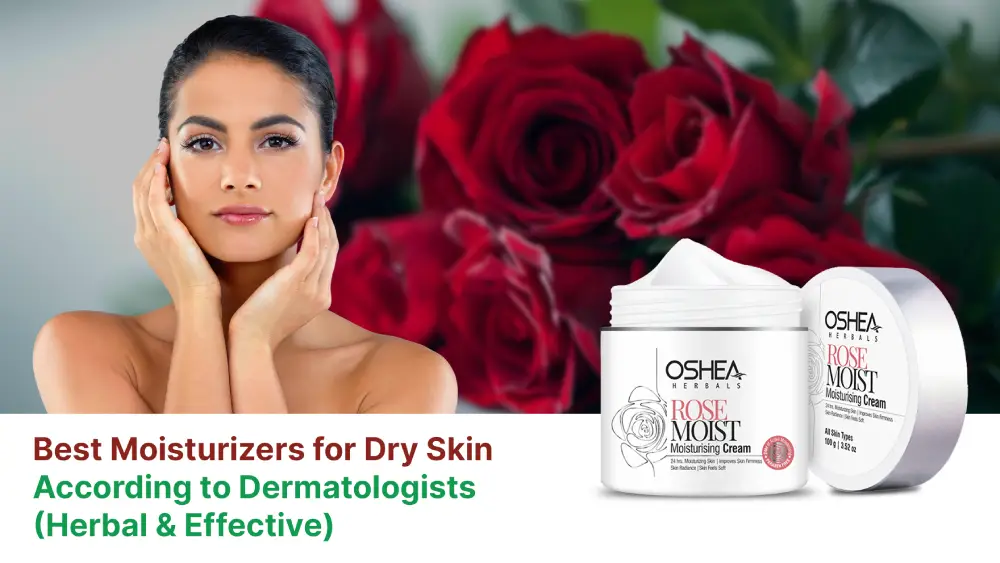 Woman with glowing skin, roses in background, and herbal moisturizing cream for dry skin