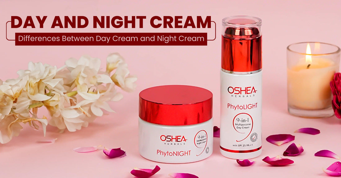 Oshea Herbals PhytoLIGHT Day Cream and PhytoNIGHT Night Cream with flowers, showing day and night cream differences