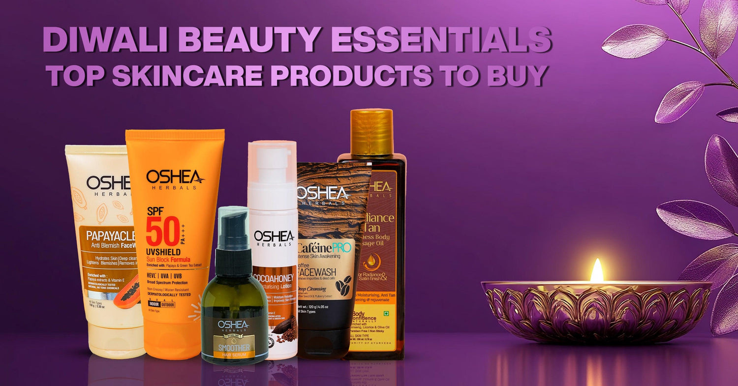 Diwali skincare essentials with herbal face wash, sunscreen, serum, and oil beside a lit diya on a purple background.