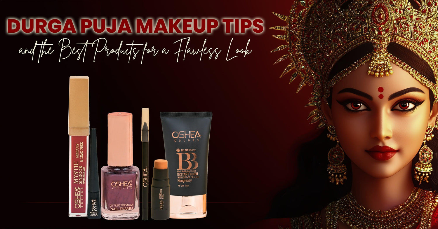 Woman in traditional Durga Puja makeup with gold jewelry, red bindi, and makeup products.