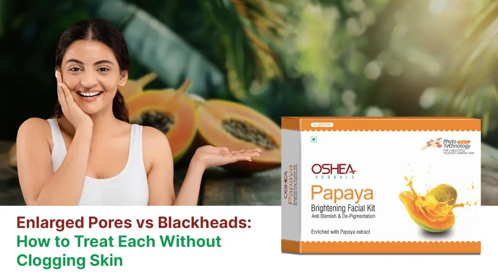Smiling woman with clear skin next to papaya facial kit box, papaya fruit in background, text about enlarged pores and blackheads treatment.