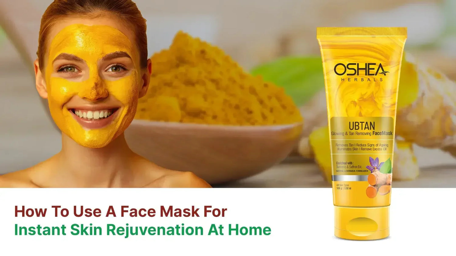 Smiling woman with yellow herbal face mask, ubtan face mask tube, and turmeric background