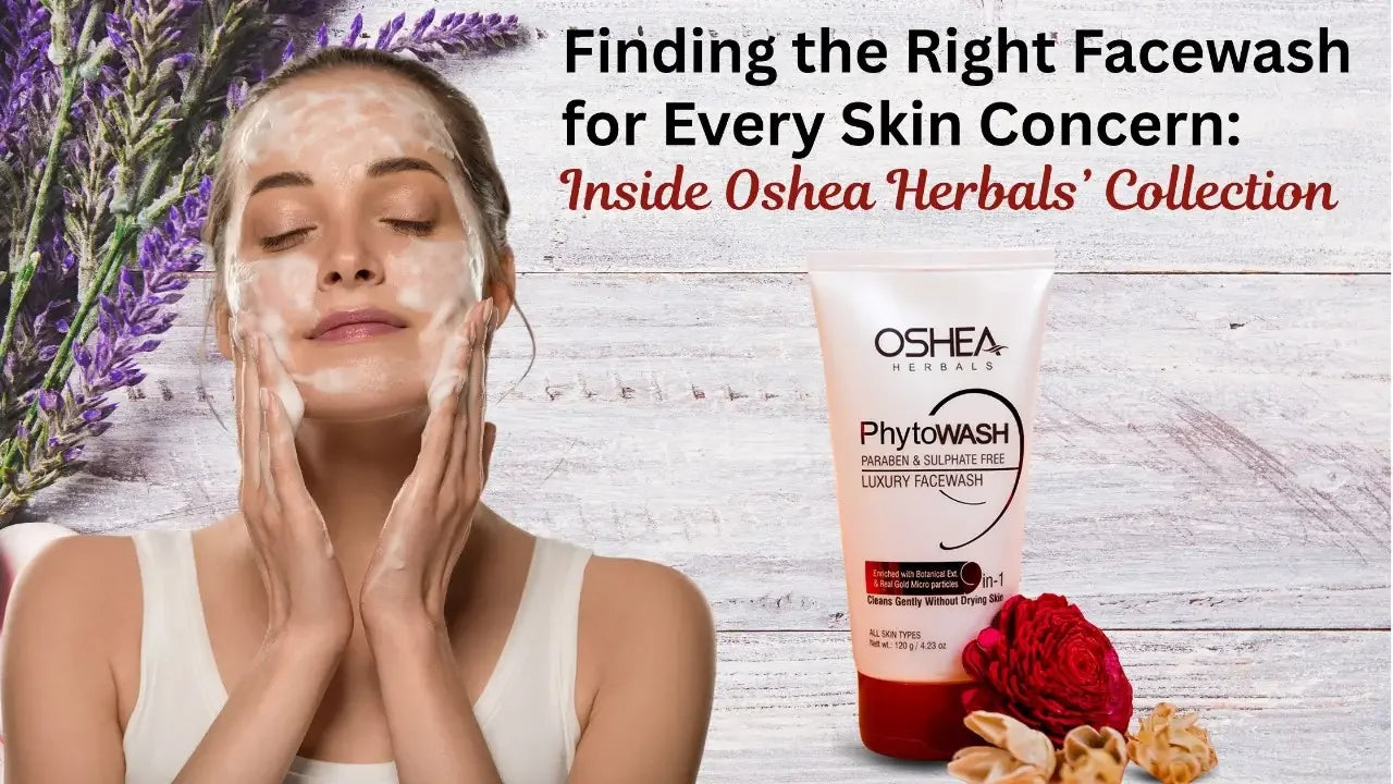 Woman applying foaming face wash, Oshea Herbals PhytoWash tube, flowers, skincare setting