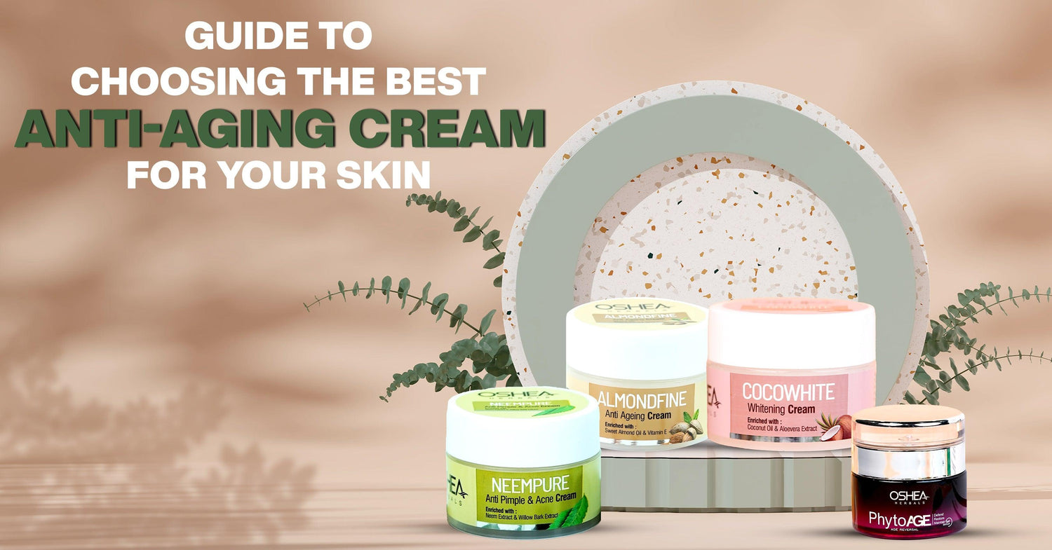 A display of Oshea Herbals skincare products including anti-ageing creams on a decorative background with plants.