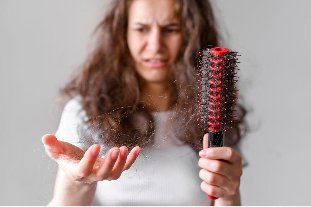 Woman looking at hair loss on hairbrush, concerns about hair fall and hair care