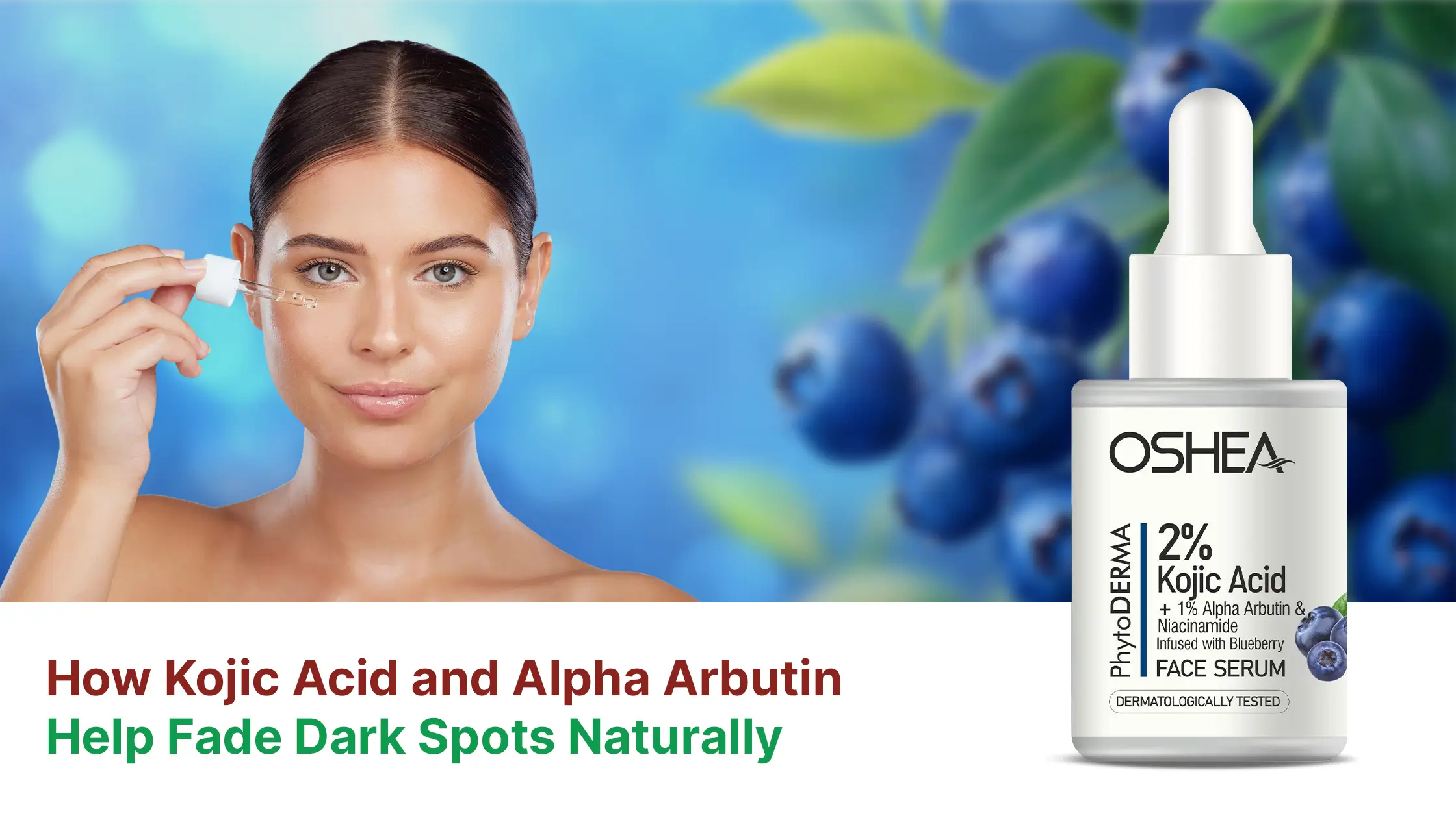 Woman applying face serum with kojic acid and alpha arbutin, blueberries and product bottle visible