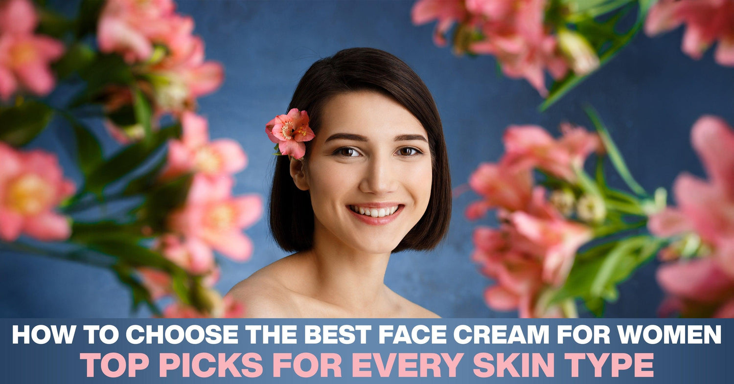 Smiling woman with short hair and pink flower in hair surrounded by pink flowers, face cream skincare concept