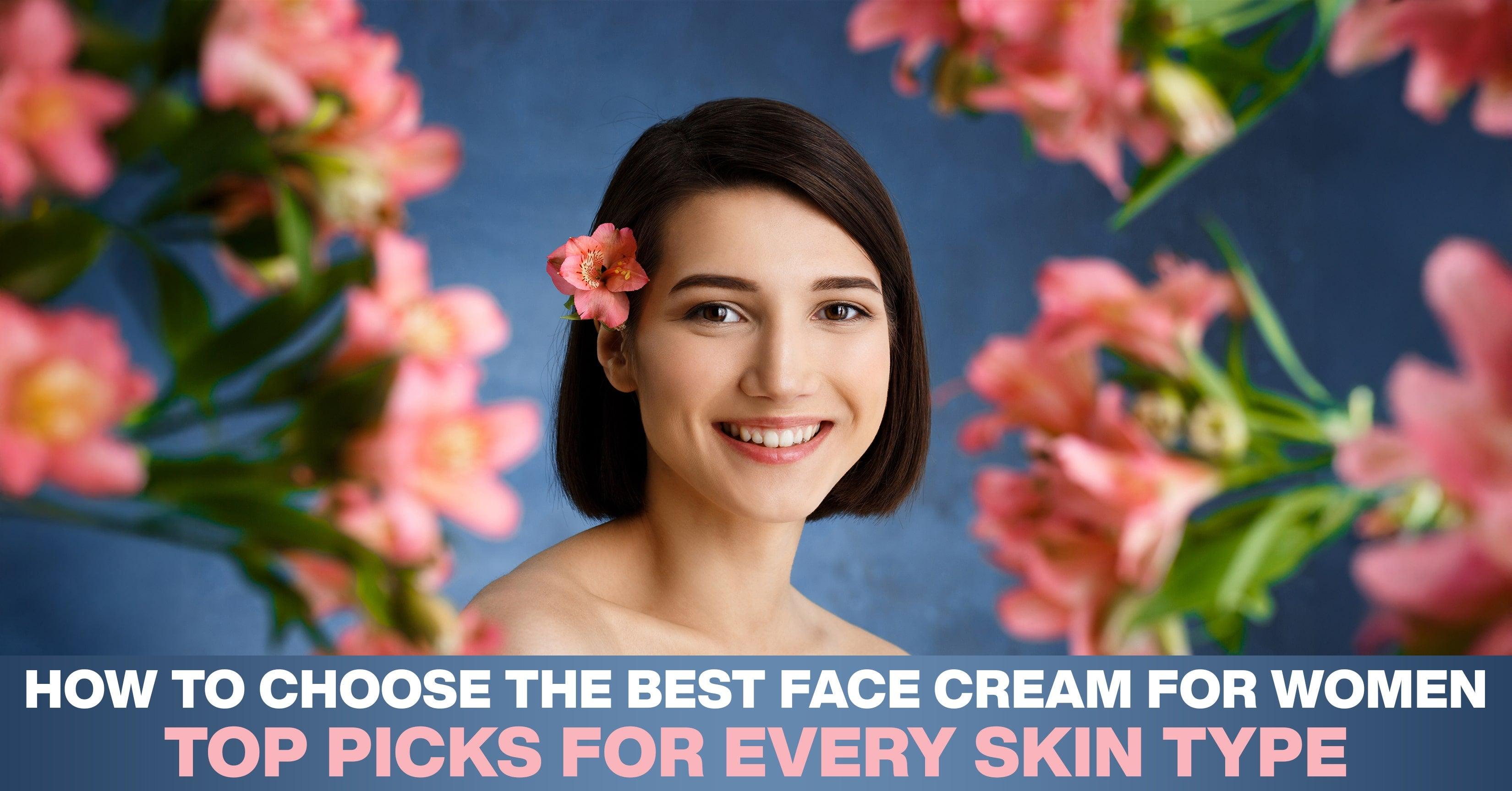 Smiling woman with short hair and pink flower in hair surrounded by pink flowers, face cream skincare concept