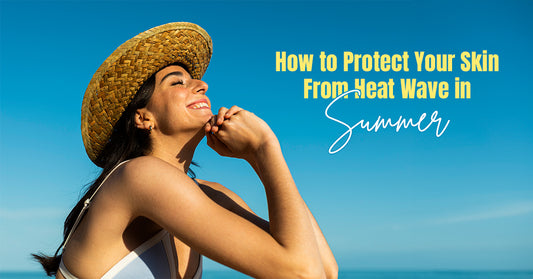 A Girl wearing a straw hat and a white tank top, gazing upwards towards the clear blue sky, with a text overlay on the right that reads ‘How to Protect Your Skin From Heat Wave in Summer’