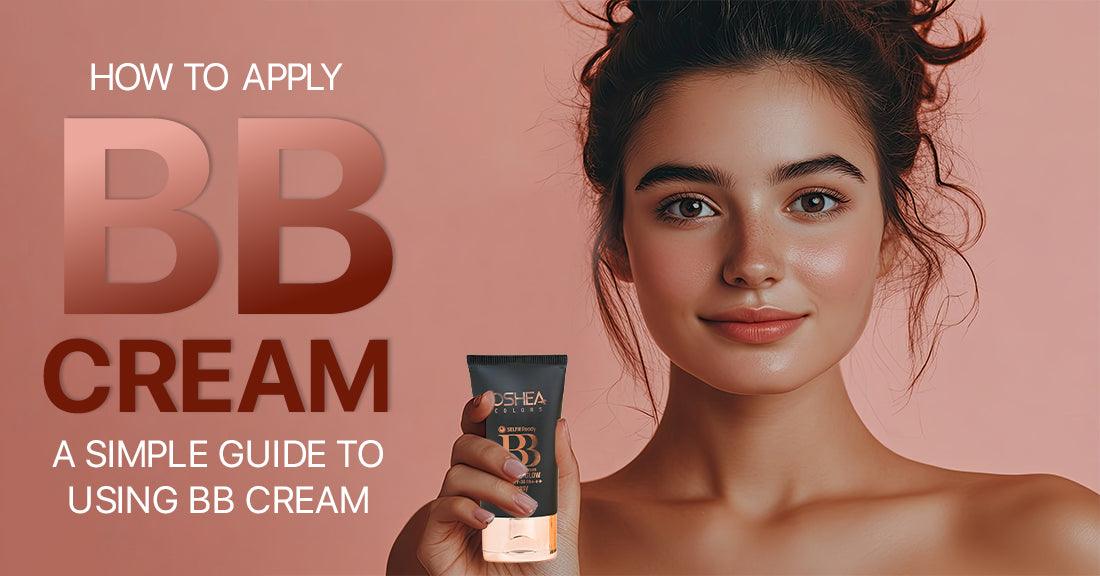 Woman holding BB cream tube with clear skin on a pink background, BB cream application guide text