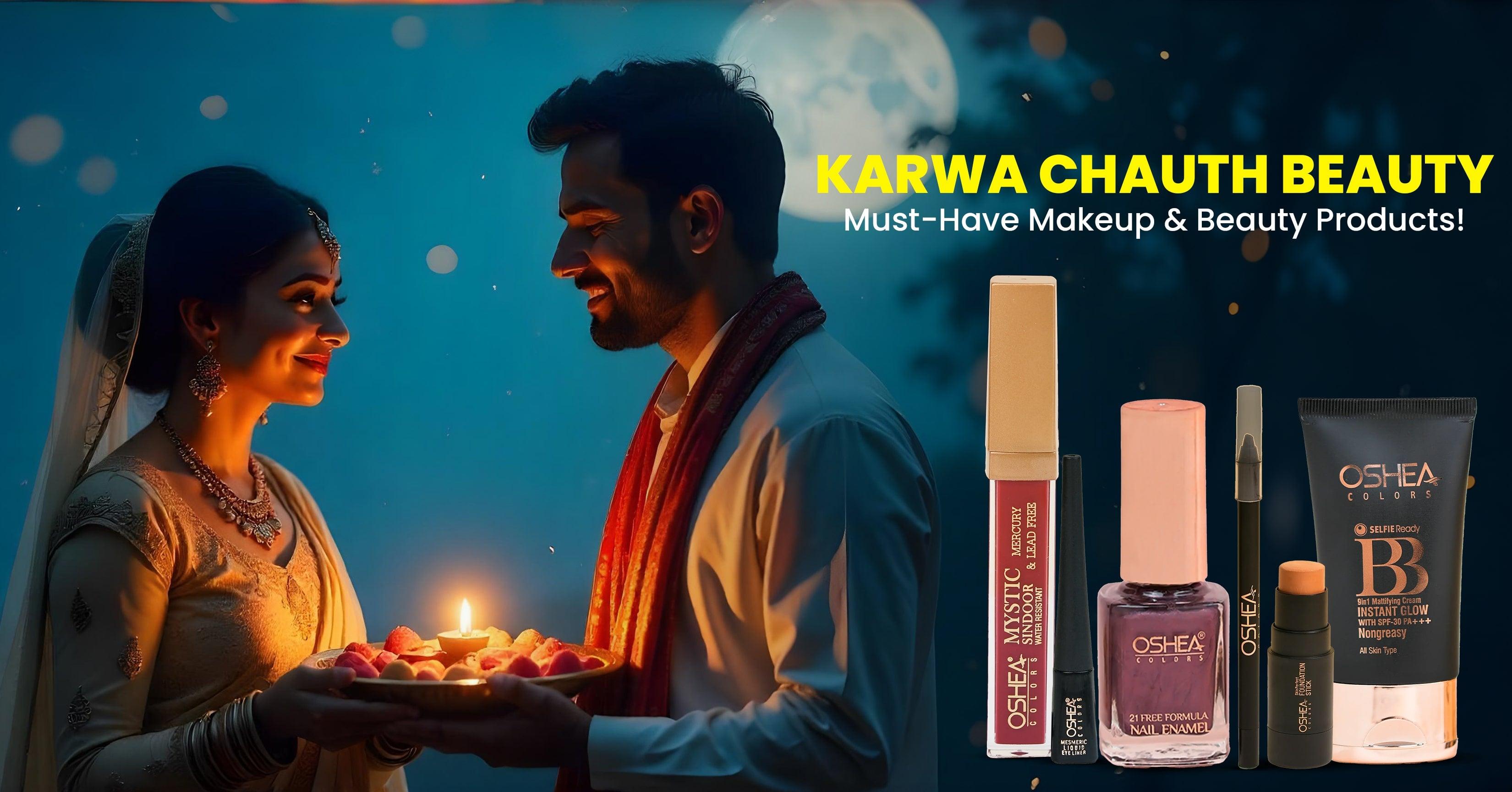 Karwa Chauth couple under the moonlight with Oshea Herbals makeup essentials, including sindoor, nail enamel, eyeliner, and BB cream.