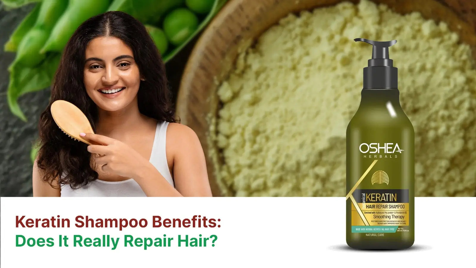 Woman brushing curly hair with keratin repair shampoo bottle, natural ingredients background