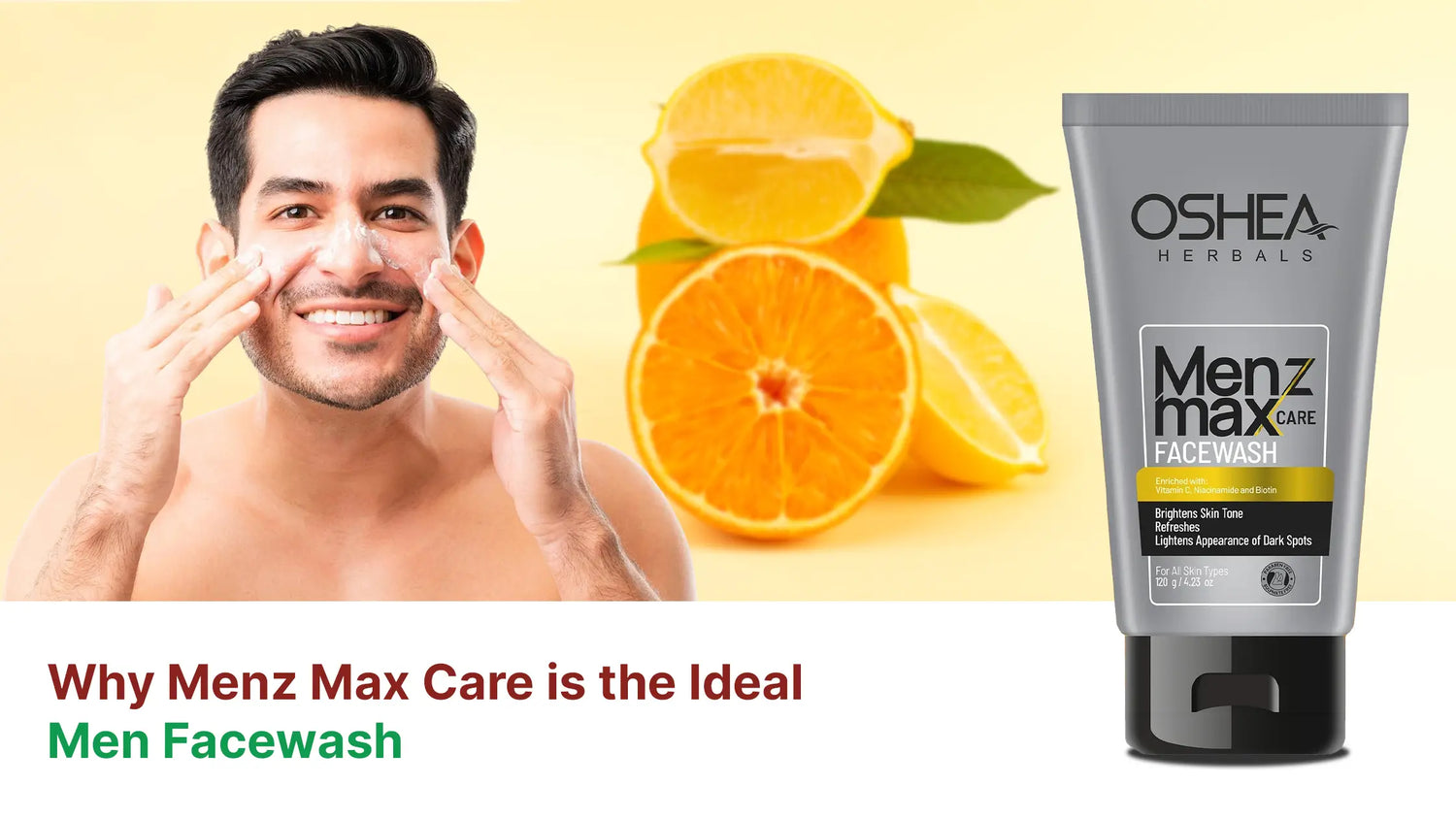 Smiling man applying face wash, Menz Max Care Facewash tube, fresh citrus background