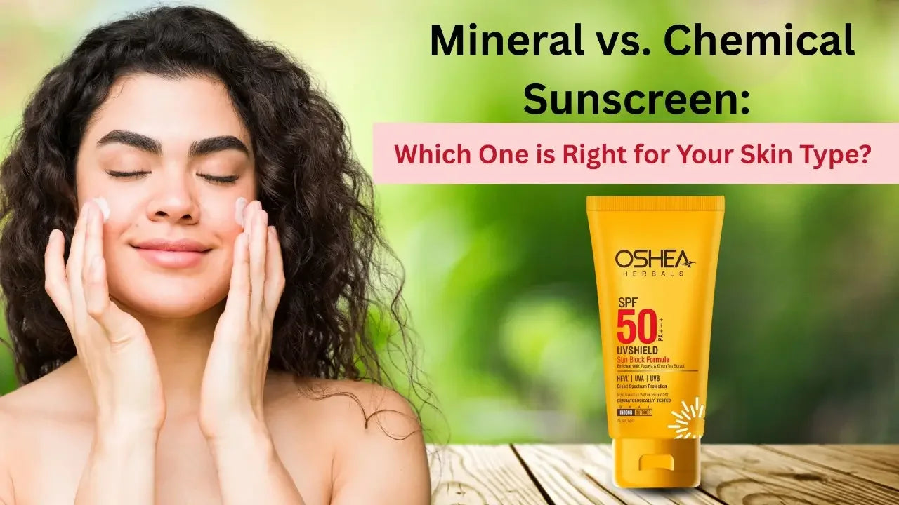 Woman applying sunscreen cream, SPF 50 sunscreen tube, mineral vs chemical sunscreen text, skincare