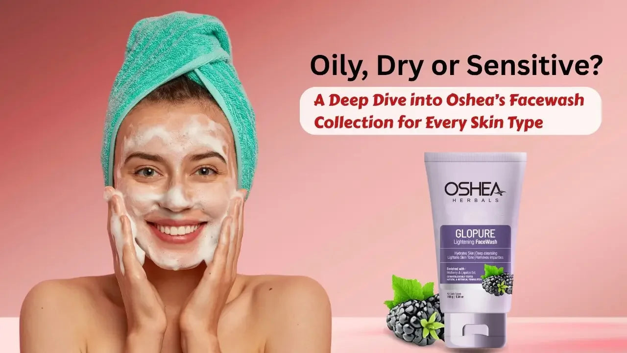 Woman cleansing face with foaming face wash, Oshea Glopure Lightening Facewash, pink background