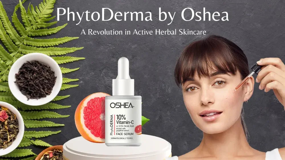 Woman applying vitamin C face serum with dropper, herbal ingredients and grapefruit visible